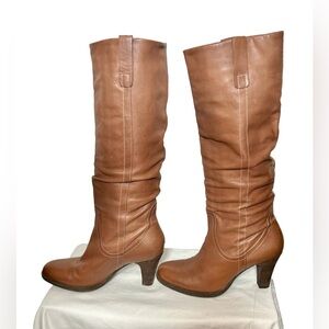Via Spiga Leather Slouchy Tall Brown Boots with a 3.5” Stacked Heel, Size 9.5 M